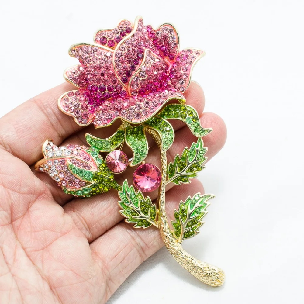 New Rhinestone Crystal Big Rose Flower Leaves Bud Brooch Pin Broach For Woman Jewelry Free shipping