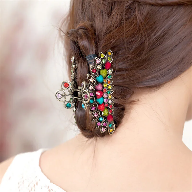 Fashion Women 5 Color Flowers Big Hair Claws Ancient Gold Alloy Rhinestone Resin Vintage Hairpin Wedding Hair Accessories Gifts