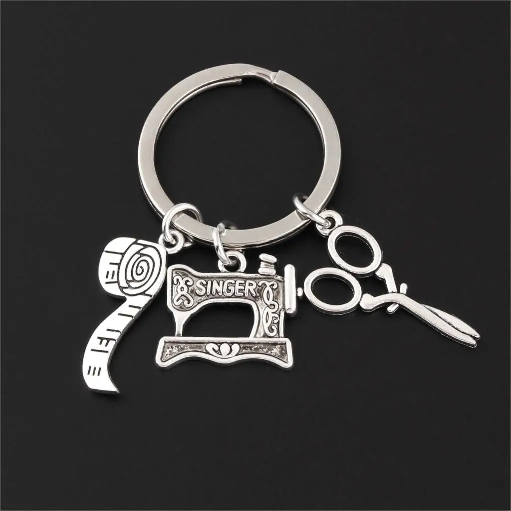 1Pc Sewing Machine Scissors Keychain Tape Measure Pendant Keyring Dressmaker Statement Gift Finding Jewelry Accessories E2588