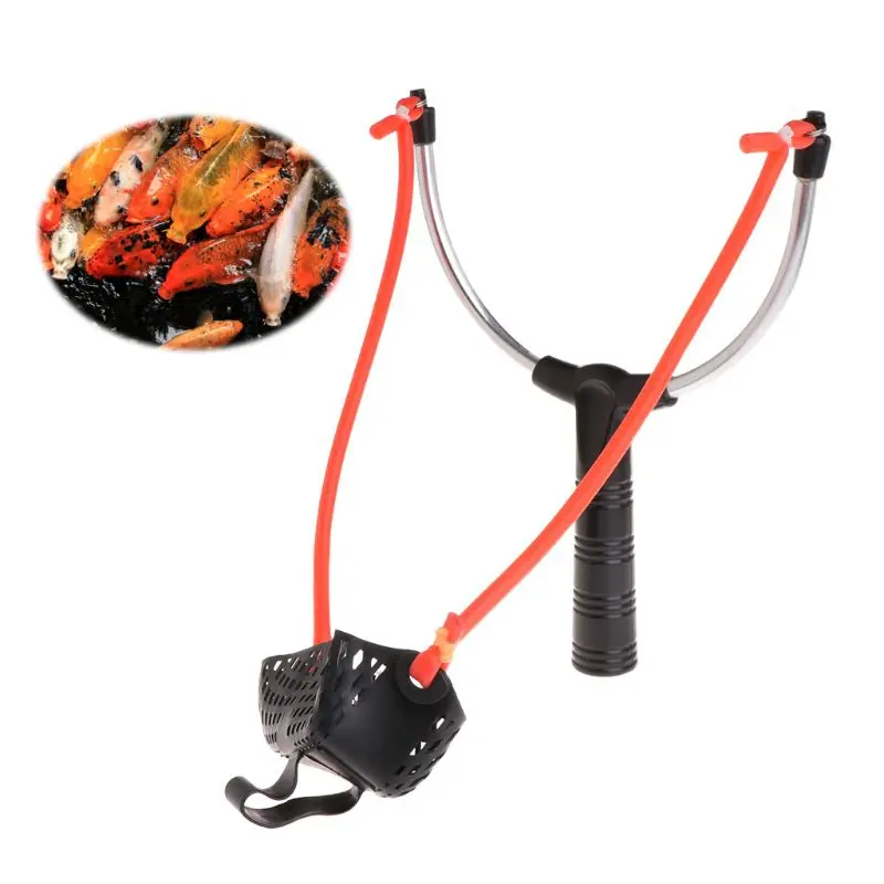 

Fishing Bait Slingshot Thrower Aluminum Alloy Elastic Powerful Catapult Food Bag