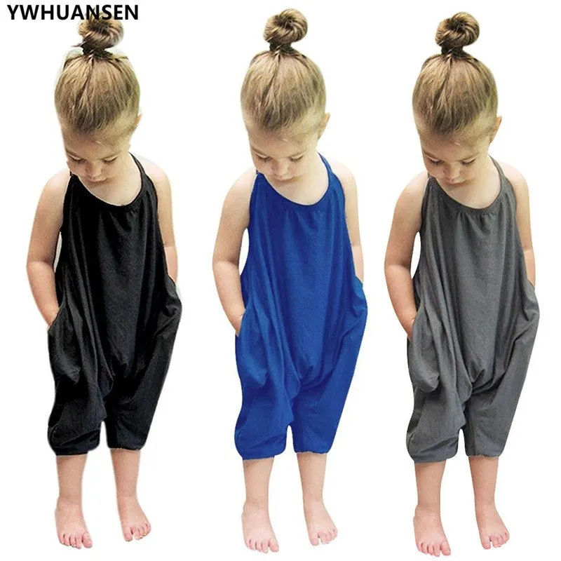 

Drop Shiping Girls Strap Overalls Children's Summer Cotton Jumpsuits Kids Romper Harem Trousers Pants Black Toddler
