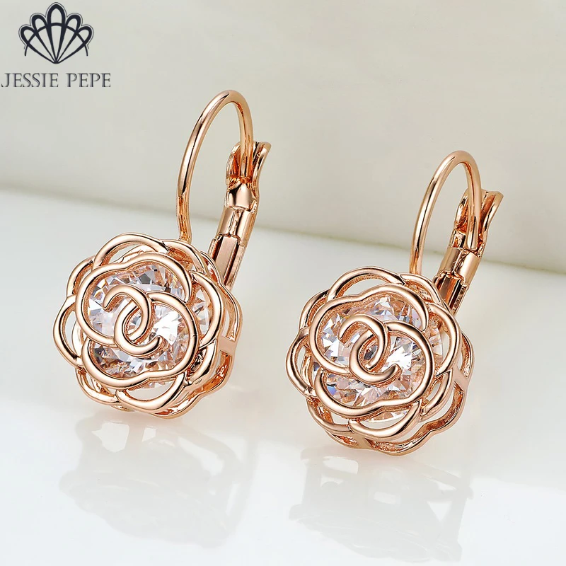 

Jessie Pepe Italina Rigant Elegant Rose Flower Earrings Brincos 18KGP Rose Gold Color With Alloy Anti-Allergy #JP86713