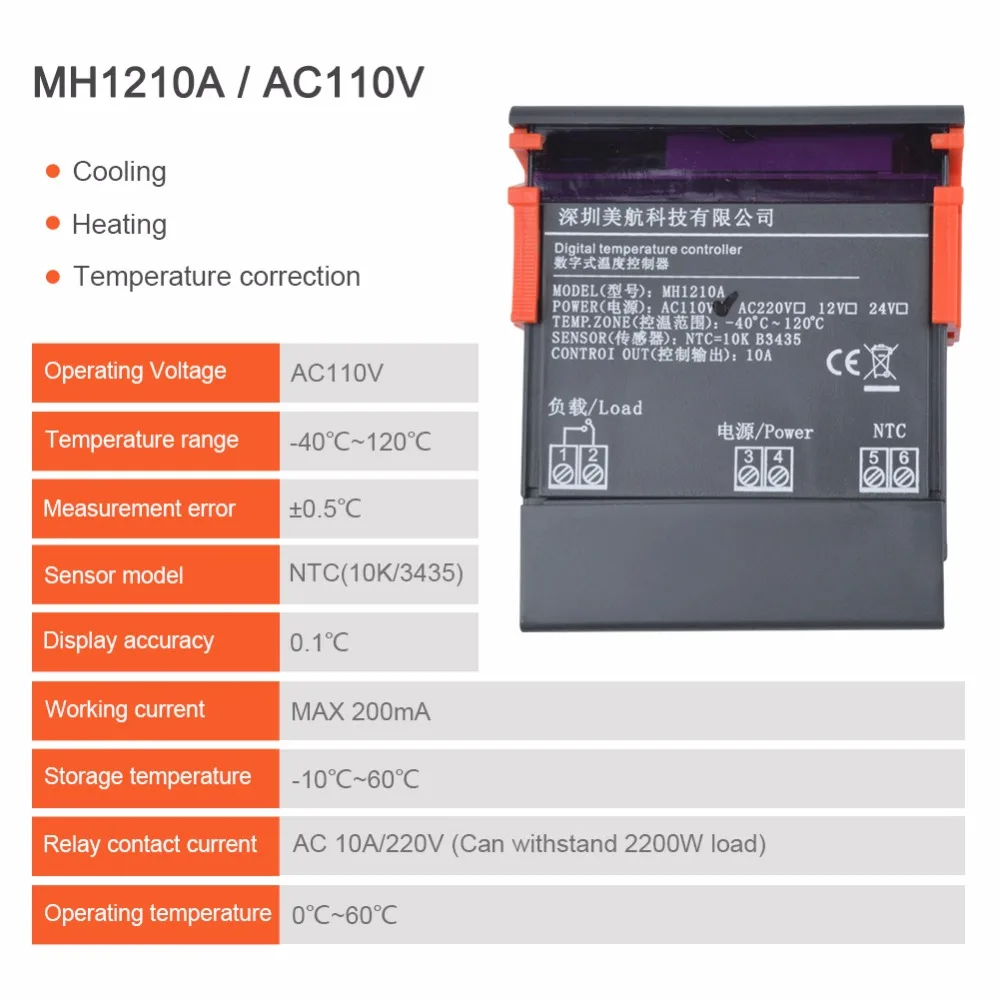 AC220V Controlador de temperatura digital MH1210A Controlador de temperatura de termostato digital mini LED con sonda de sensor 