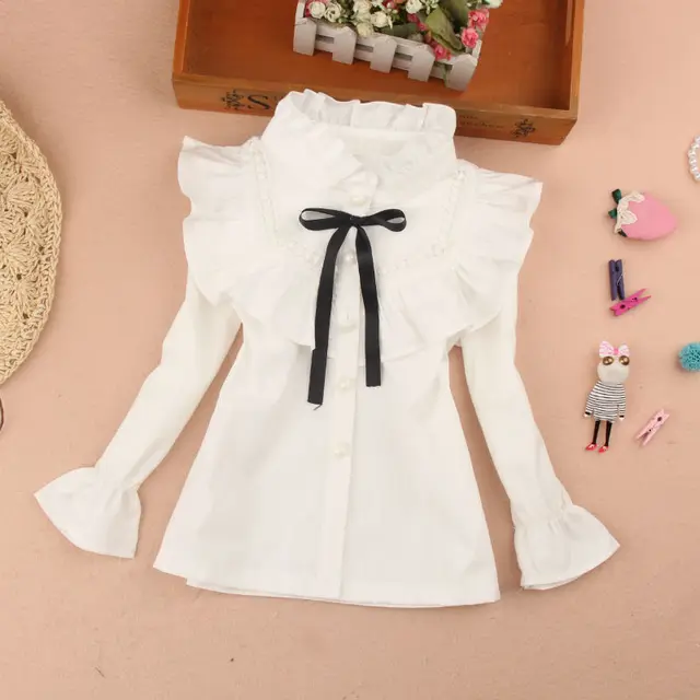 Детская Оригинальная одежда, детская одежда, весна-осень, детские школьные белые кружевные блузки с длинным рукавом для девочек, Рубашки, Топы 1
