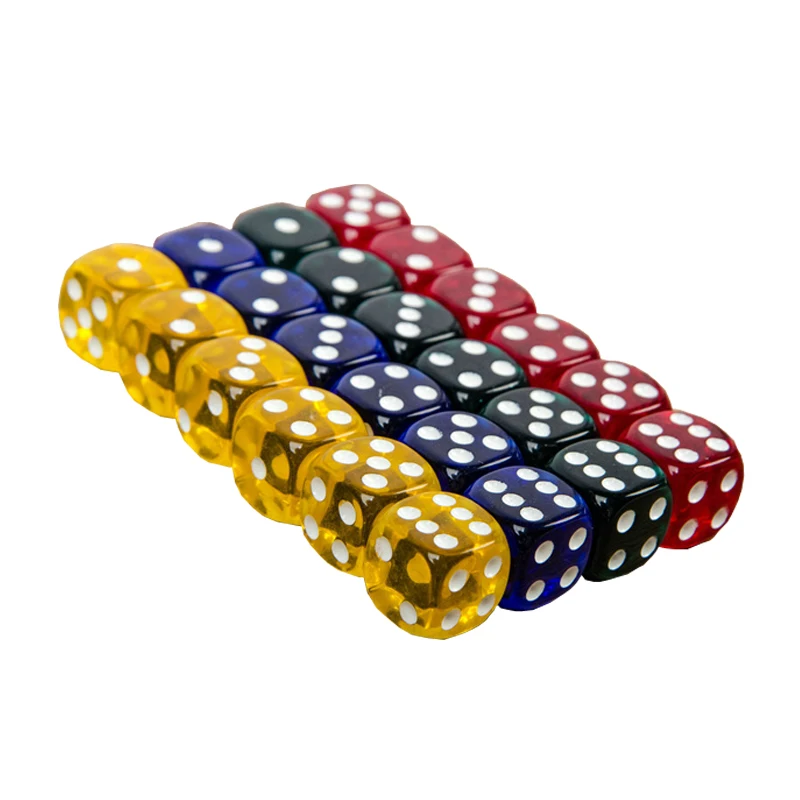 High Quality 24pcs/Lot Entertainment 16mm Dice Transparent Acrylic Environmental Protection Color Hexahedral Round Dice qenueson