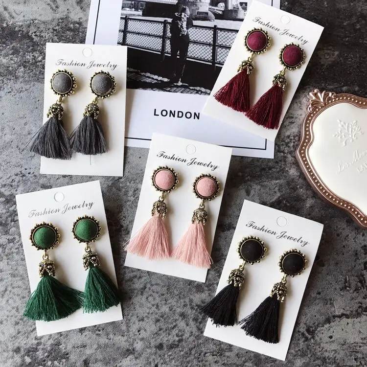 

Best lady New Fashion Statement Jewelry Cheap Tassel Long Earring For Women 5 Colors Wedding Dangle Drop Earrings Wholesale