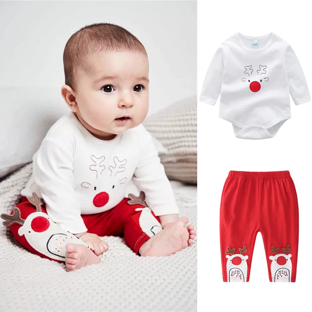 Infant Baby Clothes Set Boys Girls Cartoon Christmas XMAS Deer Romper Long Sleeve Tops+Pants 2Pcs Toddler Kids Clothing Sets