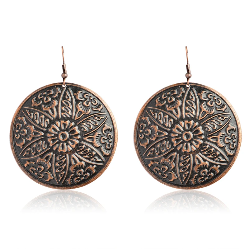 Big Round Earrings for Women Bronze Flower Circle Drop earrings Vintage