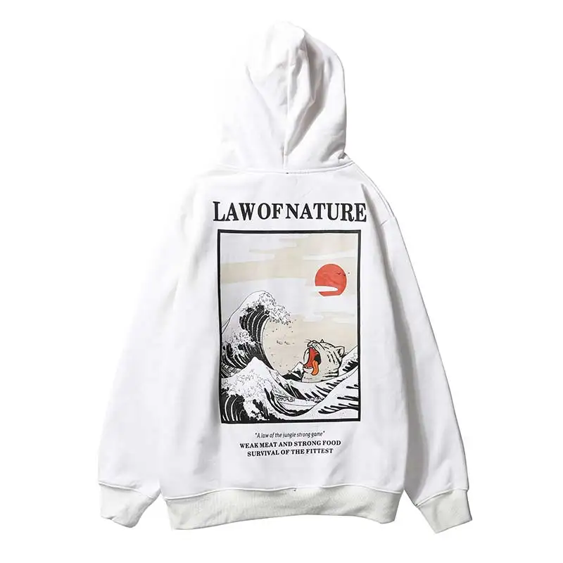  Aolamegs Hoodies Men Japanese Funny Cat Wave Hooded High Street Thick Pullover Sweatshirt Men Fleec