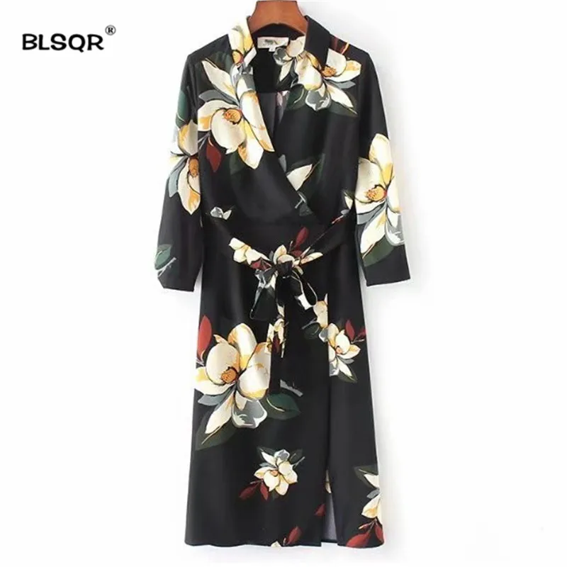 

BLSQR Women Vintage Sexy Deep V Neck Floral Dress Bow Tie Sashes Side Split Pleated Female Spring Streetwear Dresses Vestidos