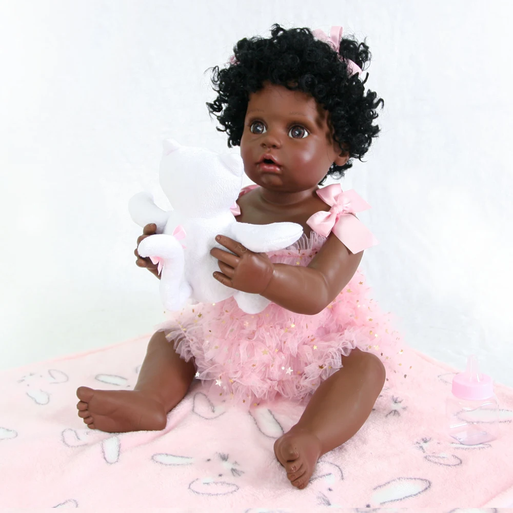 

about 56cm black Silicone Reborn Boneca Real cute Baby girl Dolls wear Pink suspenders For Children best Gift Bebes Reborn Dolls