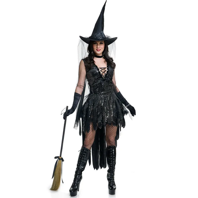 

2018 New Black Sequins Gothic Witch Costumes Women Halloween Party Cosplay Witch Costume Fancy Dress