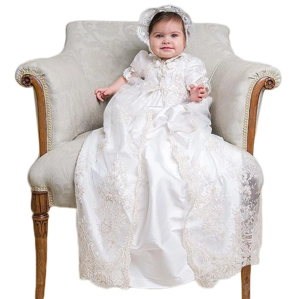 

New Baby Dress Solid Formal Half Puff Sleeves A-line O0neck Lace Christening Dress Vestidos Infantis Baby Girl Baptism Gowns