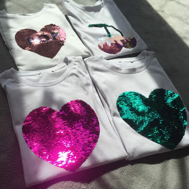 

Multi Color Heart shape Sequins Cotton T-Shirts Reversible O-Neck Beading magical color changing sequins Tees Discoloration Tops