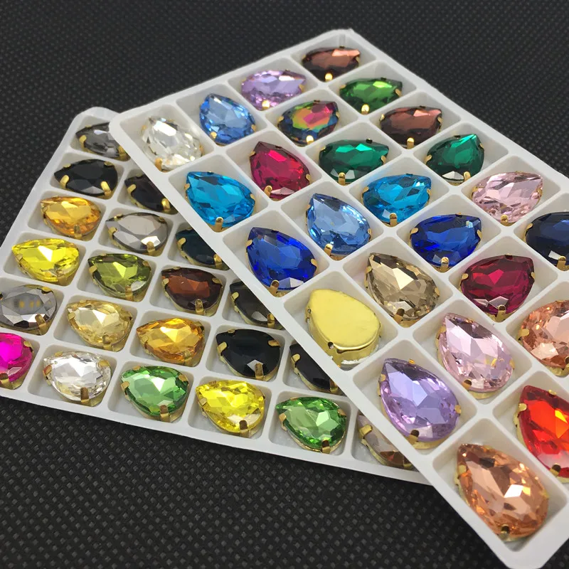 

All Sizes & Colors Sew On GLASS Crystals Teardrop Fancy Stone with Gold Color Metal Claw Setting Pear Droplet Sewing Beads