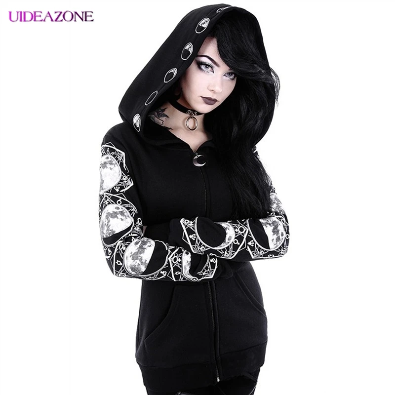 

UIDEAZONE Punk Style Print Zipper Hooides Solid Color Jacket Long Sleeve Large Size 2019 Autumn Pocket Women Jacket Hoodies