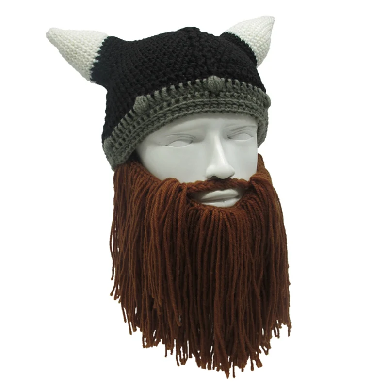 Handmade Wig Beard Viking Beanies Hat Horn Winter Cap For Men Crochet Dad Hat Winter Male Cap Halloween Gifts Party Cap SKullcap