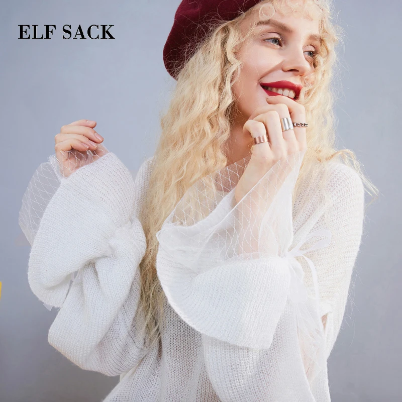 

ELF SACK Autumn New Woman Sweater Solid Long Sleeve Women Pullovers O-Neck Hand Knitted Casual Korean White Cute Femme Sweater