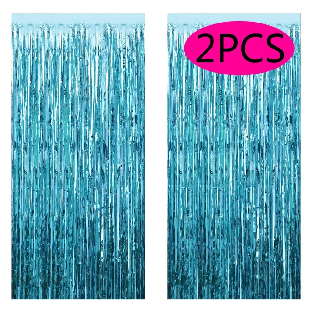

2pcs 3ft x 8.3ft Light Blue Metallic Tinsel Foil Fringe Curtains Photo Booth Props for Party Decorations.