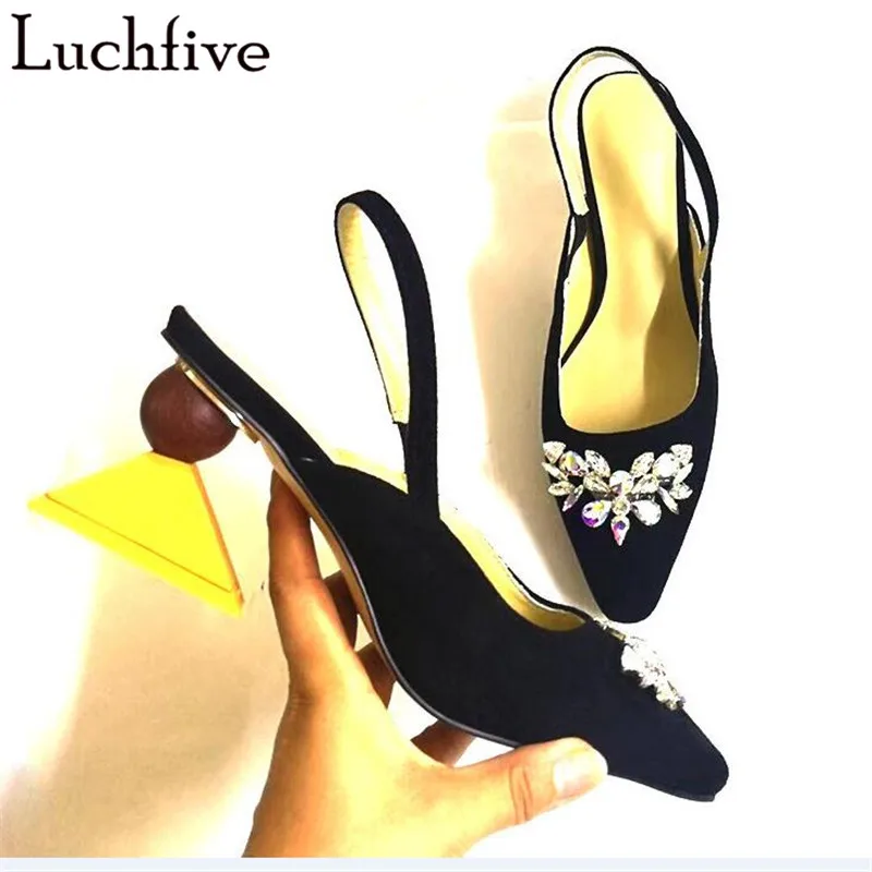 

Geometric Wooden Heels Summer Sandals Crystal Pointy Toe Ladies Shoes Woman Fashion Black Slingbacks Zapatos De Mujer