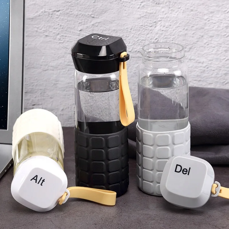 

350ml Creative Glass Water Bottle Keyboard Drinking Bottle with Silicone Cover Women Girl Summer Tea Milk Juice Drinkware
