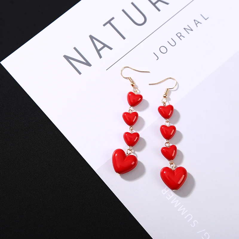 Romantic Red String Bead Love Heart Earring Long Drop Dangle Earrings