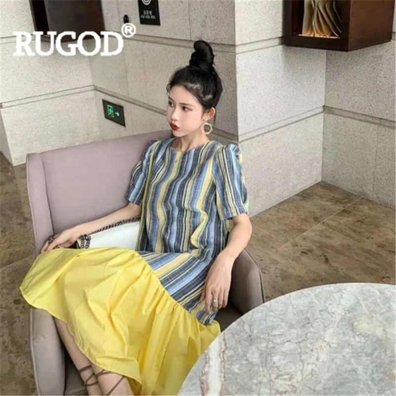 RUGOD Women patchwork striped dress o neck ruffles loose long dress new fashion female elegant chic mujer ladies korean robe