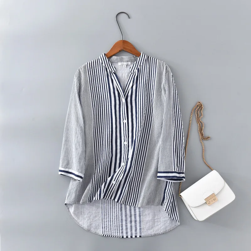 Blouses Casual Shirt Women Striped Black And White Blouse Women Long Sleeves Blouse Short Front Long Back Cotton Shirt Women