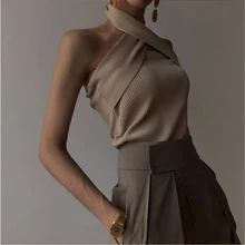 Модная новейшая стильная летняя дизайнерская рубашка для подиума Женский вязаный Топ с бретелькой через шею