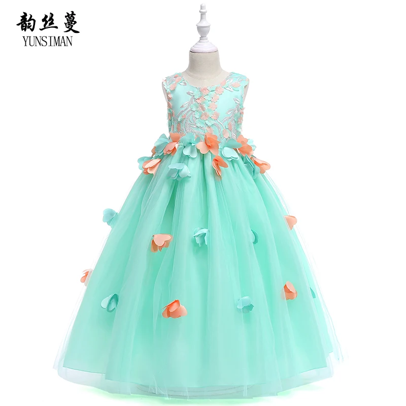 

Baby Girls Long Dresses Summer 2018 Green Flower Floral Embroidery Mesh Cotton Princess Party Dress Kids Fashion Costume 6L09