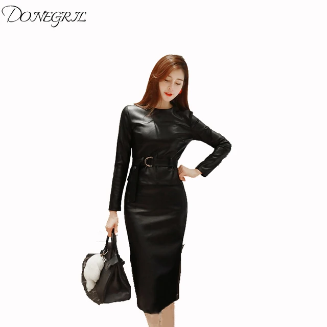 Cheap 2018 Spring Autumn New PU leather Two-piece Suit women Long Sleeves O-Neck Slim Sexy Party Office Package Hip Set Cheap 2018 Spring Autumn New PU leather Two-piece Suit women Long Sleeves O-Neck Slim Sexy Party Office Package Hip Set