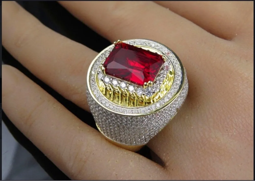 Роскошное мужское Женское Обручальное кольцо с большим красным камнем, модное кольцо на палец из желтого золота, винтажные Свадебные кольца с кристаллами для женщин