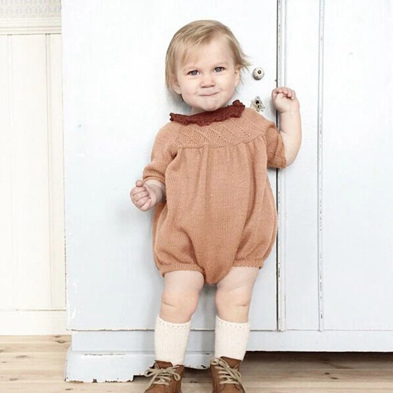 

INS Hot Sale 1-5T Lovely Long Sleeve 2016 Autumn Winter Knitted Little Girls Cute Solid Orange/ Blue Color Cotton Rompers