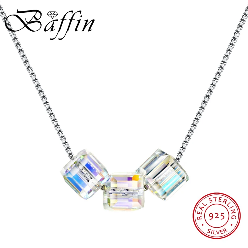 

BAFFIN Simple Colorful Cube Beads Fancy Stone Pendant Necklaces Crystals From SWAROVSKI Women Real 925 Silver Chain Jewelry