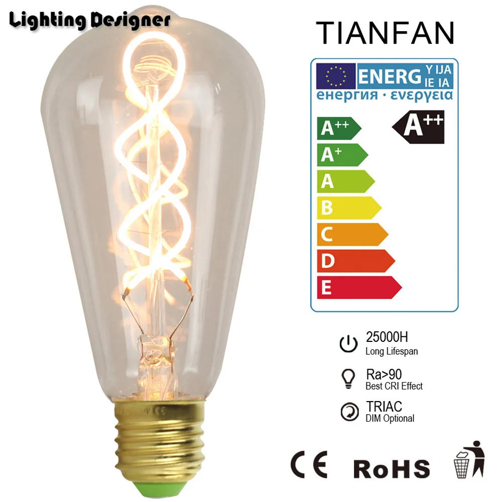 ST64 светодиодный диммируемая лампа edison bulb E27 винтажная лампочка двойная спираль дизайн мягкой светодиодный нити 4 Вт 110 В 220 коммерческих света