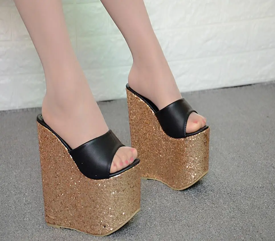 

Spring and summer new 16cm slope and thick bottom super high heel fish mouth word drag women's shoes,
