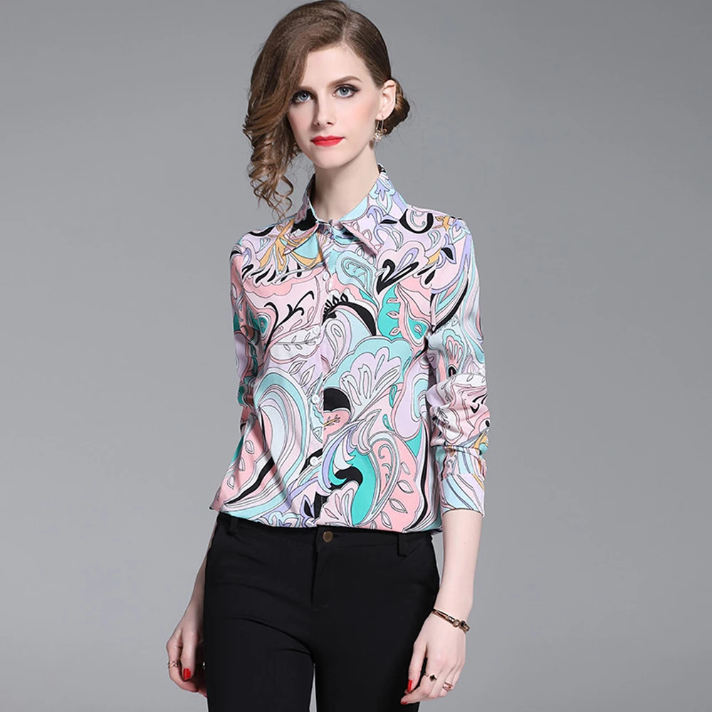 

Shirt female summer 2019 new professional casual wild slim slimming Polo collar long sleeve printed shirt women