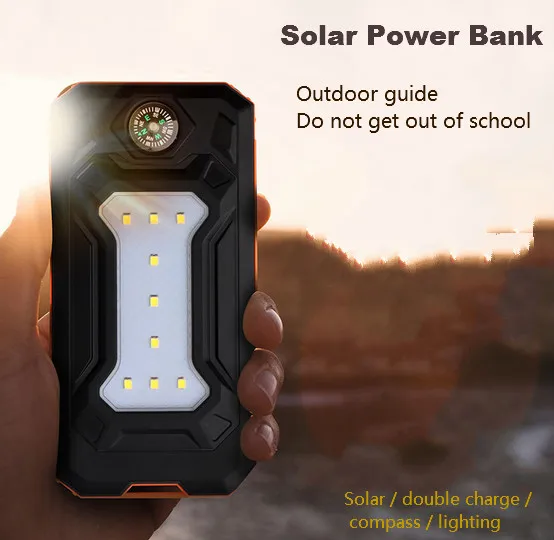 

Solar Power Bank Dual USB Power Bank 20000 mAh Waterproof PowerBank Bateria External Portable Solar Panel with LED Compass