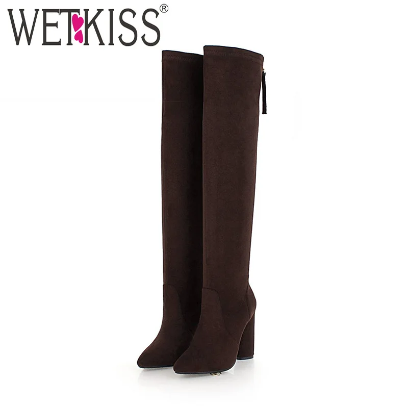 

WETKISS High Heels Women Boots Pointed Toe Zip Flock Footwear Over The Knee Female Boot Shoes Women 2018 Winter Plus Size 33-46