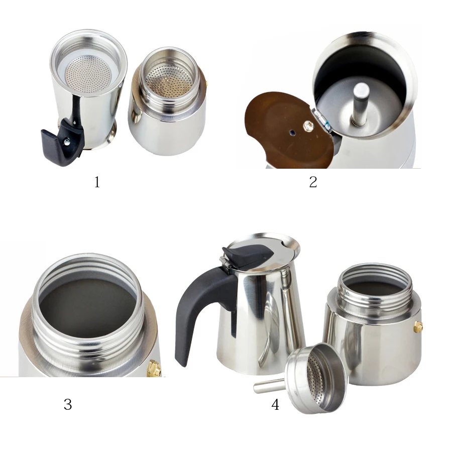 Stainless Steel Moka Coffee Maker, Percolator Tools, Percolator, Stovetop Filter, Espresso, Latte, 100ml, 200ml, 300ml, 400ml
