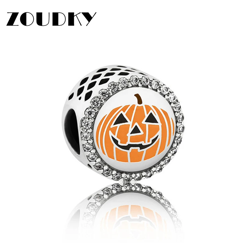 

New 100% 925 Sterling Silver Halloween Pumpkin Charm Mixed Enamel & Clear CZ Surprise Gift Original Fashion Jewelry