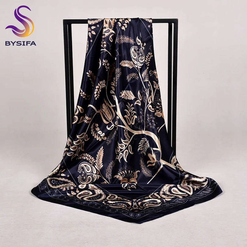 

[BYSIFA] New Women Satin Silk Scarf Shawl Fashion Accessories Brand Navy Blue Large Square Scarves Muslim Head Scarf Foulard