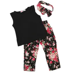 Новинка, модная детская одежда для маленьких девочек повязка на голову, футболка штаны с цветочным принтом одежда Комплекты из 3 предметов