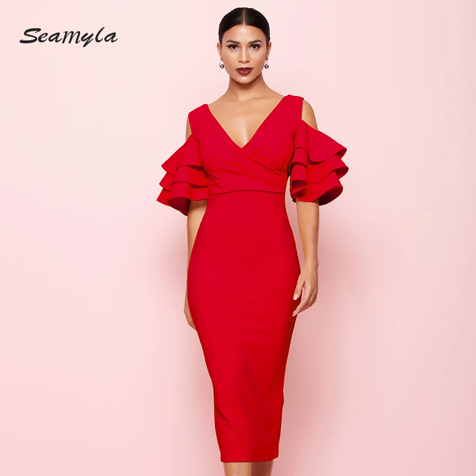 Seamyla новое летнее элегантное платье женское сексуальное вечернее платье Vestidos белое красное оранжевое синее подиумное облегающее платье миди