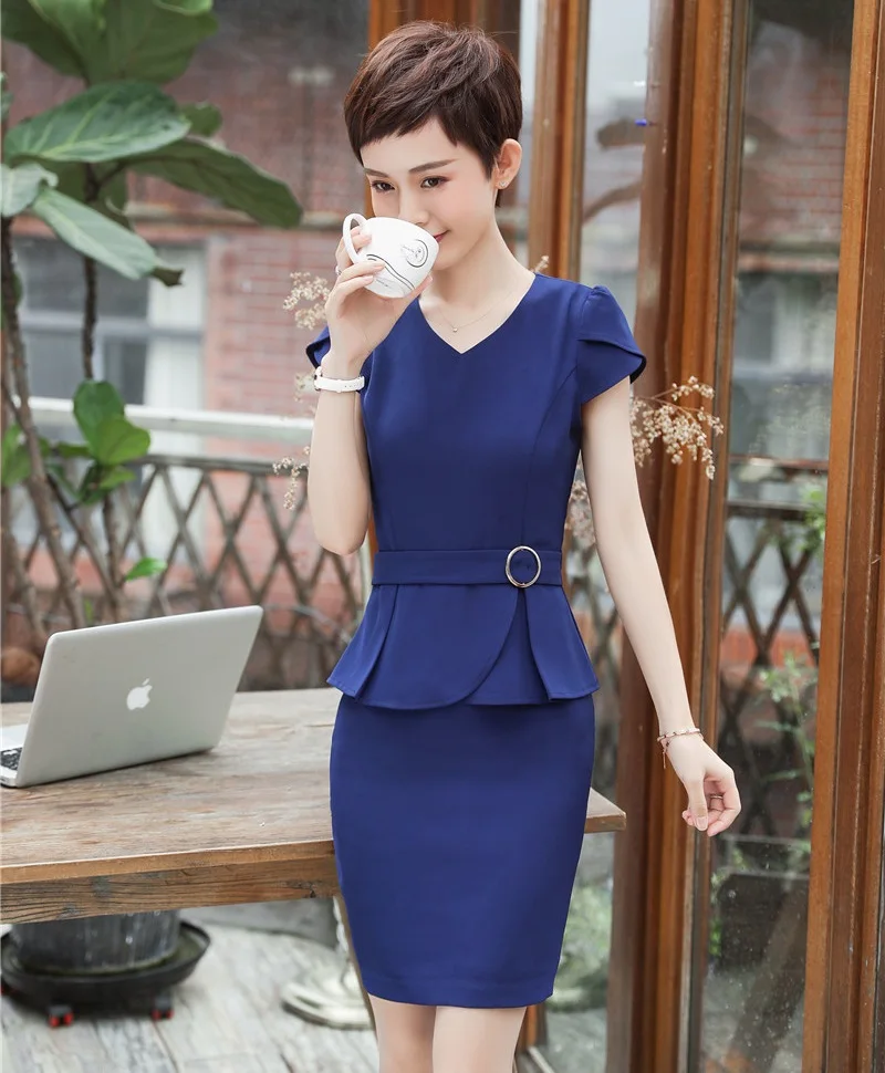 

Women Business Suits 2 Piece Skirt and Top Sets Blue Jacket Short Sleeve Office Ladies Work Wear Beauty Salon Uniforms
