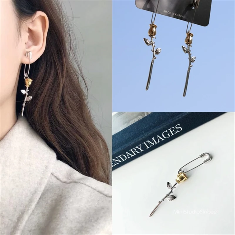 

New Party Wedding Jewelry Cute Safety Pin Rose Flower Pendant Long Drop Dangle Earrings for Women Korean ZA Statement Brincos