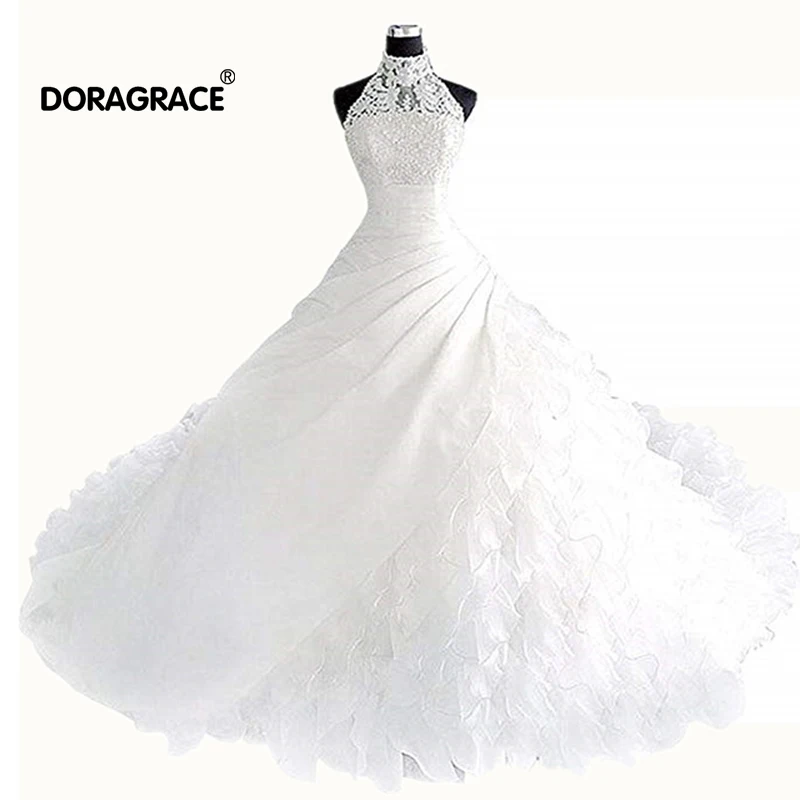 

Doragrace vestidos de noiva Gorgeous High Neck Organza Ruffles Ball Gown Princess Wedding Dresses Bridal Gowns