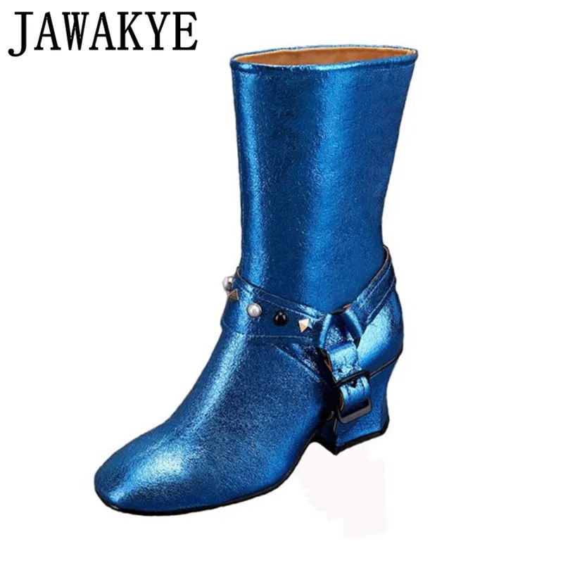 Bling gold Pour Fluorescence Hauts 2018 Mi Red Bottes Chaussures Perle Chaussons mollet Coin blue Décor Femmes De Brillant Talons Court Rivets S34AL5Rqcj