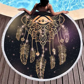

Dreamcatchers Round Beach Towel black gold color Bath Towel Microfiber Fabric 150cm Size black color