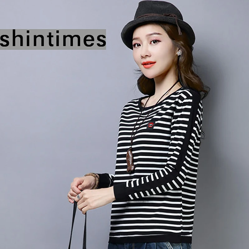Shintimes Хлопковая полосатая футболка Женская Винтажная с длинным рукавом 2019 ранняя
